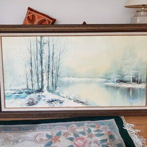 Vintage Antique Large Oil Painting Classic Winter Landscape